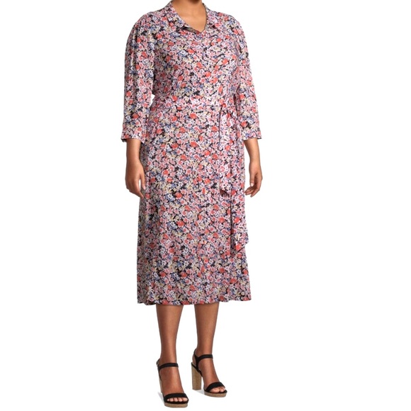 Floral print belted collared tea hem a-line three quarter sleeve shirtdress - Picture 2 of 10